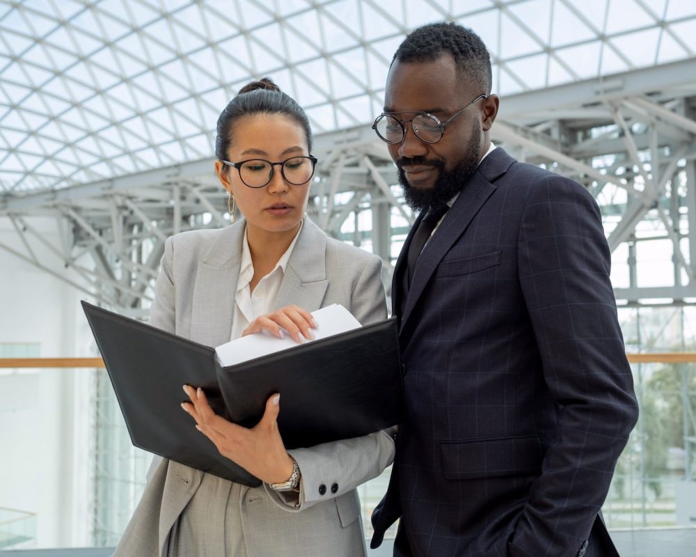 Young businesswoman showing financial papers or contract to African colleague